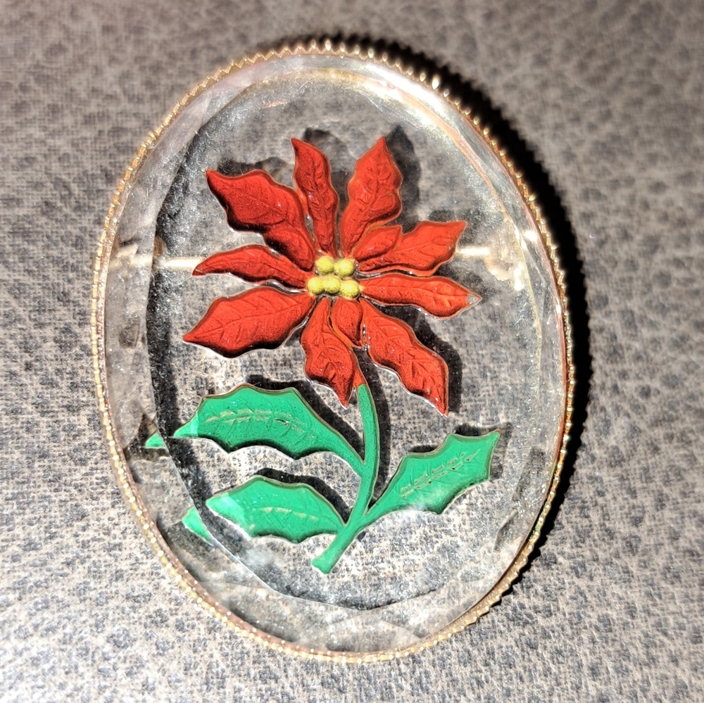Gorgeous CHRISTMAS Glass PIN Reverse Painted CARVED Beveled Glass POINSETTIA Vtg